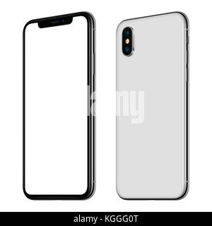 New white smartphone mockup similar to iPhone X front and back sides CW rotated isolated on white background. Stock Photo