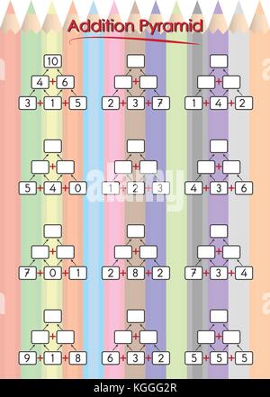 Maths Pyramids for Mental Maths Practice, complete the missing numbers, math worksheet for kindergarten students Stock Vector