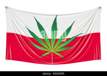 Legalization of cannabis in Poland. Polish flag with marijuana leaf hanging on the wall, 3D rendering Stock Photo