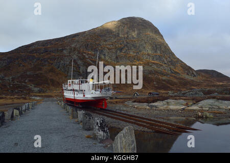 The ferry Bitihorn on land after season has ended. Bitihorn sail on the lake Bygdin in Jotunheimen, Norway. Stock Photo