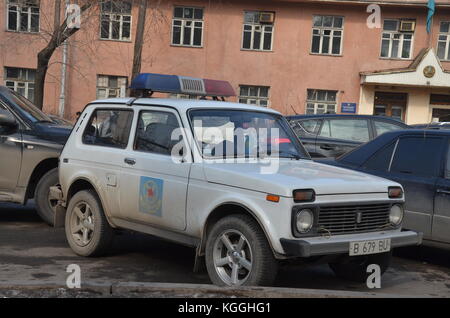 Russian ex-soviet car lada niva, unbreakable. easy to fix. Pic taken in Kazakhstan. Kazakh people. Police car. Stock Photo
