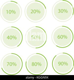 Vector illustration green round, circle pie graph, chart with percentage 10 20 25 30 40 50 60 70 75 80 90 100 % icon set Stock Vector