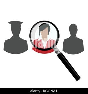 HR with magnifier looking for worker . A magnifying glass finds, selects or inspects a person in a line of people. Search choose for employment, recog Stock Vector