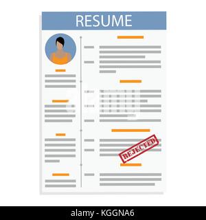 Vector illustration CV Curriculum Vitae, resume template design with red stamp rejected. Stock Vector