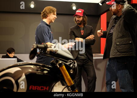 MILAN ITALY - NOVEMBER 7, 2017: Actor Keanu Reeves at the EICMA Motorbikes and Bikes Expo at Milano Italy  Arch Motorcycle st Stock Photo