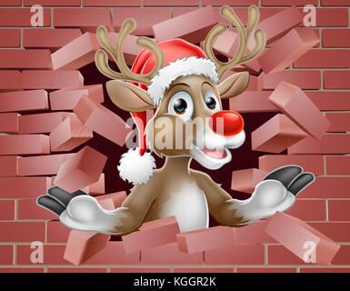 Santa Hat Reindeer Cartoon Breaking Brick Wall Stock Vector