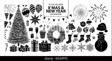 Set of isolated silhouette decoration for Christmas and New year. Vector illustration in white outline and black plane on white background. Stock Vector