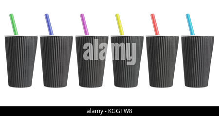 Row of Black Coffee Cups With Colorful Plastic Straws Stock Photo