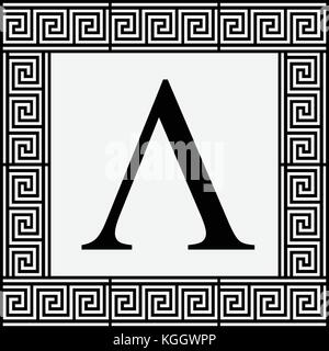 Lambda Greek letter icon, Lambda symbol in ancient Greek frame, vector illustration. Stock Vector