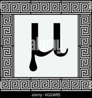 Mu Greek letter icon, Mu symbol in ancient Greek frame, vector illustration. Stock Vector