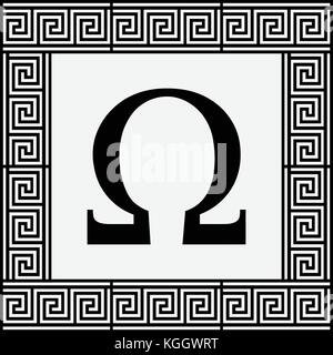 Omega Greek letter icon, Omega symbol in ancient Greek frame, vector illustration. Stock Vector