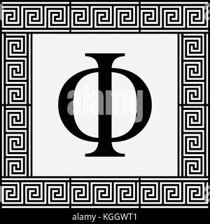 Phi Greek letter icon, Phi symbol in ancient Greek frame, vector illustration. Stock Vector