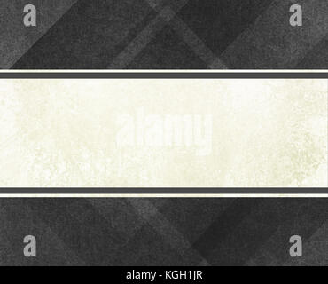 abstract black background with faint plaid textured stripes and lines on border,  with old white label with dark gray ribbon trim style design in cent Stock Photo