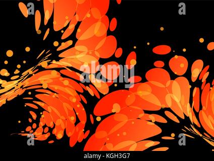 Splashing burning drops, orange elements on black background Stock Vector