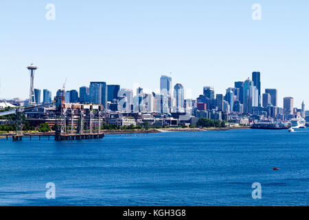 The Seattle, Washington skyline seen from off shore with a view of downtown and the Space Needle. Stock Photo