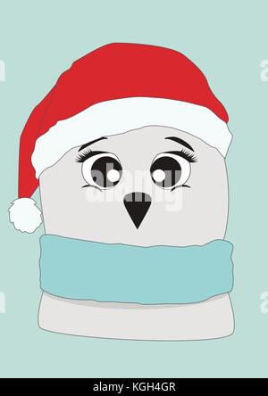 winter owl in a red Christmas cap Stock Vector
