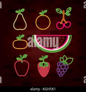 fruits set in neon sign on brick wall Stock Vector