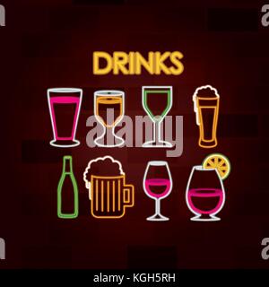 drinks set of neon sign on brick wall Stock Vector