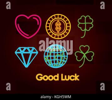 good luck symbols set of neon sign on brick wall Stock Vector