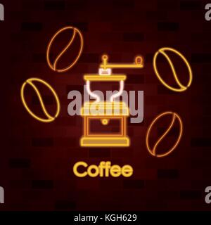 coffee beans and coffee grinder on neon sign on brick wall Stock Vector