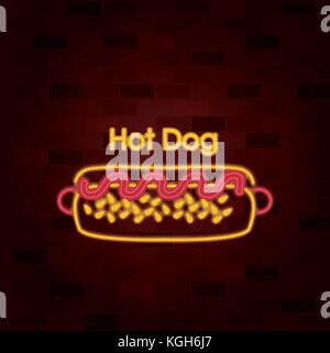 hot dog on neon sign on brick wall Stock Vector