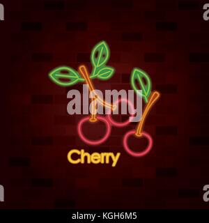 cherry fruit on neon sign on brick wall Stock Vector