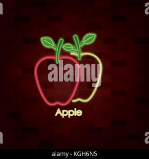 apple fruits on neon sign on brick wall Stock Vector