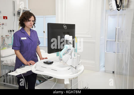 A Nurse checking information on a computer in a hospital. Stock Photo