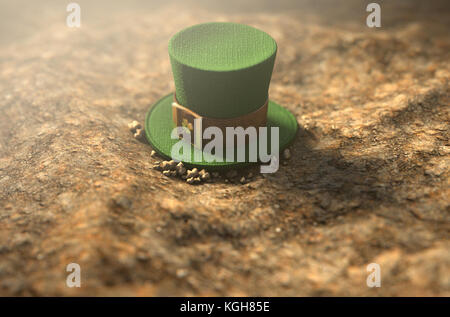 A concept image showing a tiny leprechaun hat apparently lost on the ground in the day time - 3D render Stock Photo