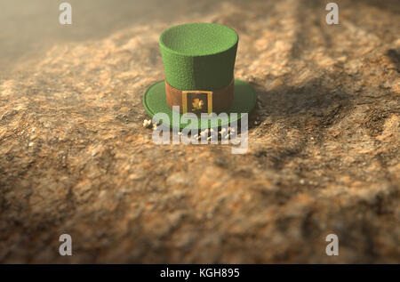 A concept image showing a tiny leprechaun hat apparently lost on the ground in the day time - 3D render Stock Photo