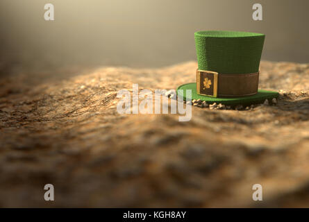 A concept image showing a tiny leprechaun hat apparently lost on the ground in the day time - 3D render Stock Photo