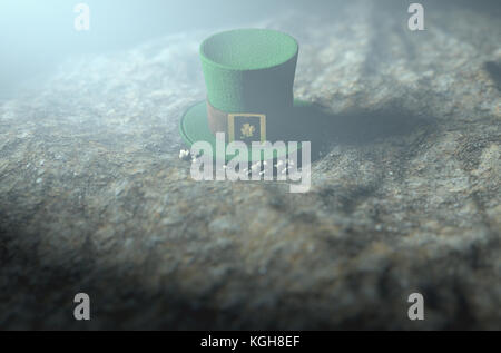 A concept image showing a tiny leprechaun hat apparently lost on the ground at night - 3D render Stock Photo