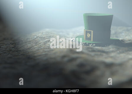 A concept image showing a tiny leprechaun hat apparently lost on the ground at night - 3D render Stock Photo