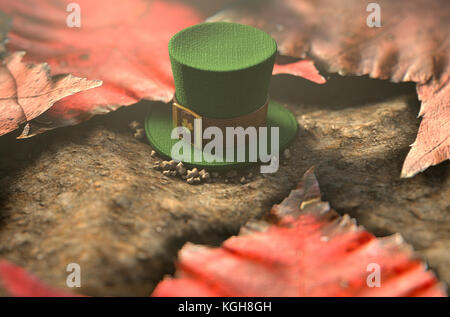 A concept image showing a tiny leprechaun hat apparently lost on the ground surrounded by dead leaves in the day time - 3D render Stock Photo