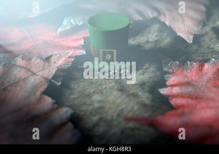 A concept image showing a tiny leprechaun hat apparently lost on the ground surrounded by dead leaves at night - 3D render Stock Photo