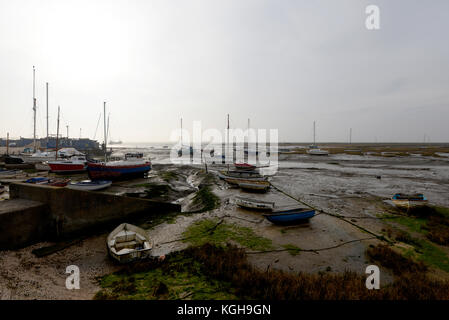 Leigh on Sea Thames Estuary Essex with low tide and mud. Boats. Tide out on River Thames. Tide a long way out Stock Photo