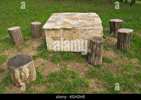 Stone table and wooden log as chairs in park Stock Photo