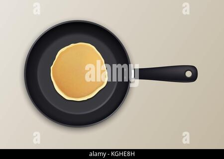Realistic pancake in the frying pan icon closeup, top view. Design template for breakfast, food menu and homestyle concept. Vector EPS10 illustration Stock Vector