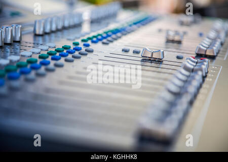 Sound music mixer audio control panel. Sound mixer control, electronic device. Stock Photo