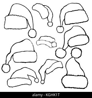 Set of monochrome doodle hats Santa Claus. Template Christmas hat for design, decorating cards and collages. Stock Vector