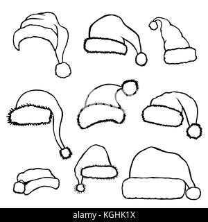 Set of monochrome doodle hats Santa Claus. Template Christmas hat for design, decorating cards and collages. Stock Vector