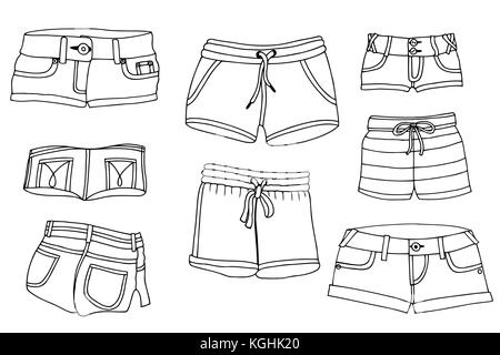 Hand drawn vector Lady fashion accessories on a white background. blue denim shorts vector illustration. denim fashion. Stock Vector
