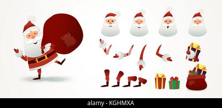 Santa Claus set for animation and motion design. Christmas father emotion, part body, present boxes, hats. Cute X-mas character for Holiday design with sack full of gift. New year Greeting Card for invitation, congratulation. Flat vector illustration. Stock Vector