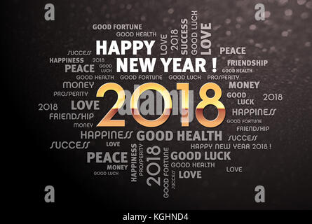 Greeting words around gold 2018 year type, on a black background Stock Photo