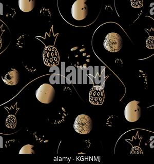 Seamless Pattern with golden dots, paint splashes, curves, circles, ink brush, etc. Hand Drawn Design. Great for wall art design, gift paper, wrapping Stock Vector