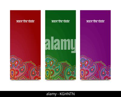 Save the date vector set for cards, paisley boho ornament on vertical bright banners - invitations, posters, cards template - indian stilyzed hindi "S Stock Vector