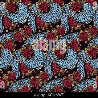 Vector seamless dragon and roses texture - traditional asian chinese and japanese ornament, ready to use Stock Vector