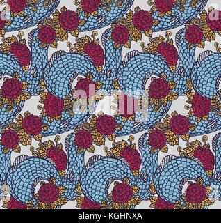 Vector seamless dragon and roses texture - traditional asian chinese and japanese ornament, ready to use Stock Vector