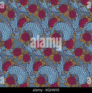 Vector seamless dragon and roses texture - traditional asian chinese and japanese ornament, ready to use Stock Vector