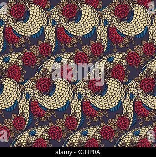 Vector seamless dragon and roses texture - traditional asian chinese and japanese ornament, ready to use Stock Vector